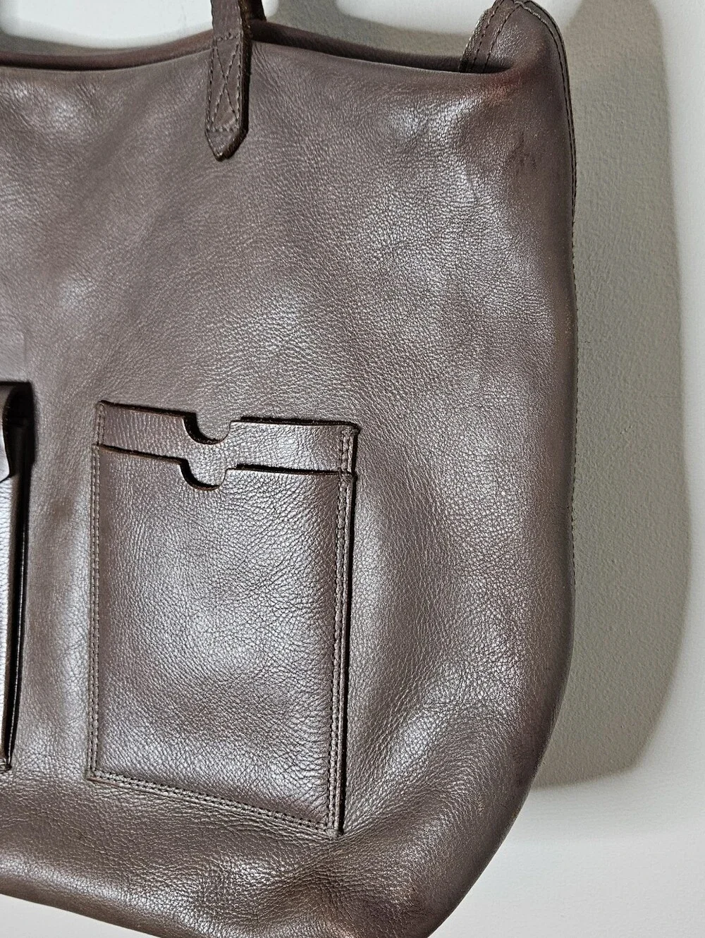 Madewell Transport Satchel Tote Brown Leather Outer Pockets Zipper Top